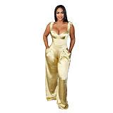 Sexy Solid Color Club Party Sleeveless V Neck Straps High Waist Womens Summer Wide Leg Satin Jumpsuit BN-9286