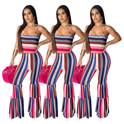 Fashion Women Clothing Colorful Stripe Print Spaghetti Straps Stretch Waist Boot Cut Flared Jumpsuit SHD-9109