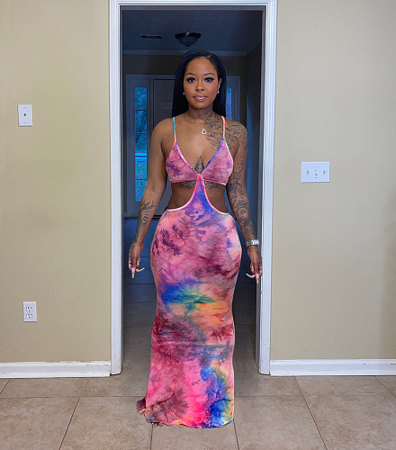 Summer Hot Tie Dye Sleeveless Strap V-neck Hollow Out Stretchy Fashion Streetwear Bodycon Maxi Dresses QZX-6215