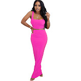 Fashion Women Solid Color Sleeveless Crop Top High Waist Elastic Long Skirts Summer Two Pieces Set SFY-152