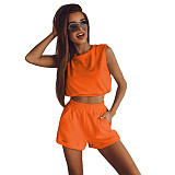 Summer Women Clothes Sexy Solid Sleeveless Tank Vest Crop Top Elastic Waist Shorts Stretch 2 Pieces Set ML-7446