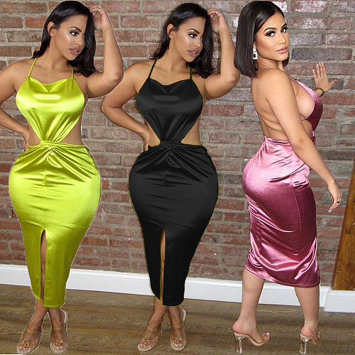 2021 Summer Solid Color Satin Women Halter Backless Bandage Elegnat Bodycon Split Nightclub Maxi Dress BN-9285