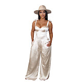 Sexy Solid Color Club Party Sleeveless V Neck Straps High Waist Womens Summer Wide Leg Satin Jumpsuit BN-9286