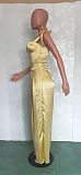 Sexy Solid Color Club Party Sleeveless V Neck Straps High Waist Womens Summer Wide Leg Satin Jumpsuit BN-9286