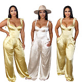 Sexy Solid Color Club Party Sleeveless V Neck Straps High Waist Womens Summer Wide Leg Satin Jumpsuit BN-9286