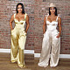 Sexy Solid Color Club Party Sleeveless V Neck Straps High Waist Womens Summer Wide Leg Satin Jumpsuit BN-9286
