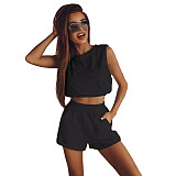 Summer Women Clothes Sexy Solid Sleeveless Tank Vest Crop Top Elastic Waist Shorts Stretch 2 Pieces Set ML-7446