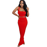 Fashion Women Solid Color Sleeveless Crop Top High Waist Elastic Long Skirts Summer Two Pieces Set SFY-152