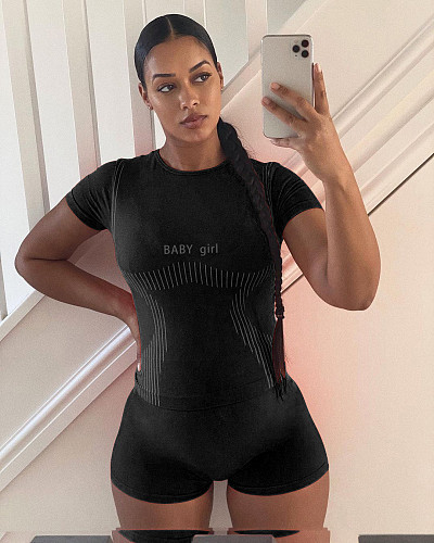 Women Print Letter Short Sleeve O-neck T-shirt High Waist Elastic Shorts Summer Fitness Clothing 2 Piece Set HMS-5475