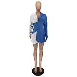 Fashion Women Turn-Down Collar Long Sleeve Button Design Color Patchwork Shirt Skinny Mini Dresses WSM-5258