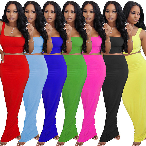 Fashion Women Solid Color Sleeveless Crop Top High Waist Elastic Long Skirts Summer Two Pieces Set SFY-152