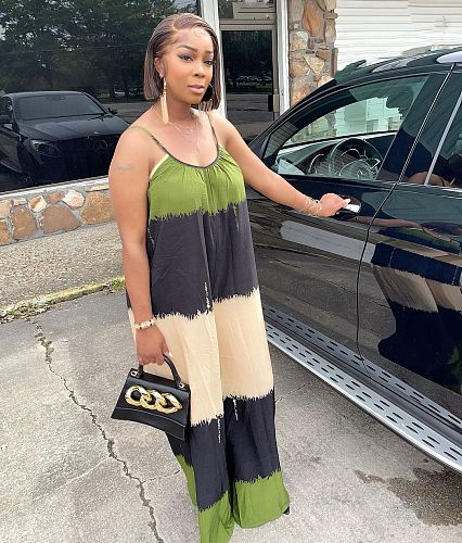 Summer Contrast Color Stripe Print Sleeveless Spaghetti Straps Beachwear Loose Maxi Long Dress MK-3060