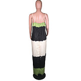Summer Contrast Color Stripe Print Sleeveless Spaghetti Straps Beachwear Loose Maxi Long Dress MK-3060