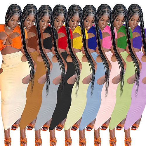 Sexy Women Solid Color Short Sleeve Hollow Out Crop Top Hole High Waist Pencil Skirt Club Party 2 Piece Set NIK-247