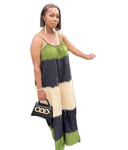 Summer Contrast Color Stripe Print Sleeveless Spaghetti Straps Beachwear Loose Maxi Long Dress MK-3060