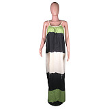 Summer Contrast Color Stripe Print Sleeveless Spaghetti Straps Beachwear Loose Maxi Long Dress MK-3060