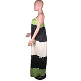 Summer Contrast Color Stripe Print Sleeveless Spaghetti Straps Beachwear Loose Maxi Long Dress MK-3060