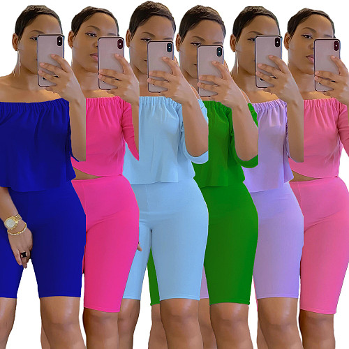 Women Casual Solid Color Off Shoulder Half Sleeves Crop Top Skinny Shorts Summer Streetwear 2 Piece Set SFY-010-1