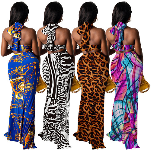 Summer Sexy Print Cross Wrap Halter Backless Bandage Crop Top Long Skirts Women Streetwear 2 Piece Set TE-4289