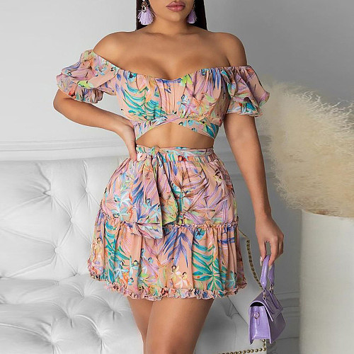 Summer 2021 Women Off Shoulder Crop Top Floral Print Sexy Mini Bodycon Skirt Ruffles Club Two Piece Sets JLY-19206