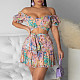 Summer 2021 Women Off Shoulder Crop Top Floral Print Sexy Mini Bodycon Skirt Ruffles Club Two Piece Sets JLY-19206