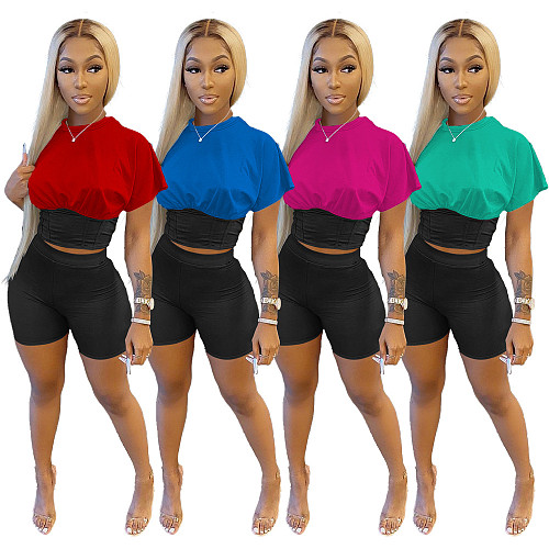 Fashion Color Patchwork Short Sleeve Tshirt Crop Top Shorts Women Fitness Sexy Jogger Summer 2 Piece Set WSM-5259