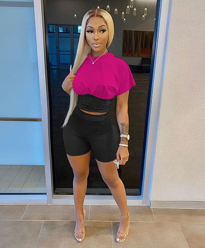 Fashion Color Patchwork Short Sleeve Tshirt Crop Top Shorts Women Fitness Sexy Jogger Summer 2 Piece Set WSM-5259
