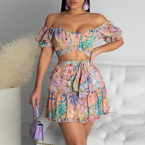 Summer 2021 Women Off Shoulder Crop Top Floral Print Sexy Mini Bodycon Skirt Ruffles Club Two Piece Sets JLY-19206
