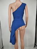 Fashion Solid Color One Shoulder Skew Neck Sleeveless Sexy Night Party Irregular Ruffles Bodycon Top XMY-9296