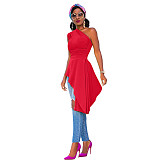 Fashion Solid Color One Shoulder Skew Neck Sleeveless Sexy Night Party Irregular Ruffles Bodycon Top XMY-9296