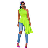 Fashion Solid Color One Shoulder Skew Neck Sleeveless Sexy Night Party Irregular Ruffles Bodycon Top XMY-9296