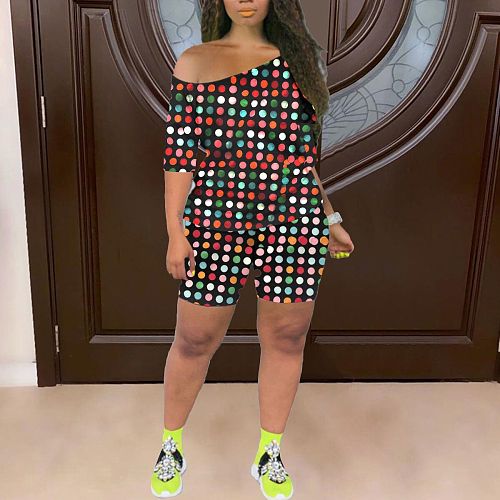 Summer Loose Women Three Quarter Sleeve Skew Collar Long T-shirts Sheath Elastic Shorts 2 Piece Set LP-6299