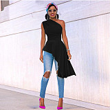 Fashion Solid Color One Shoulder Skew Neck Sleeveless Sexy Night Party Irregular Ruffles Bodycon Top XMY-9296