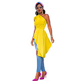 Fashion Solid Color One Shoulder Skew Neck Sleeveless Sexy Night Party Irregular Ruffles Bodycon Top XMY-9296