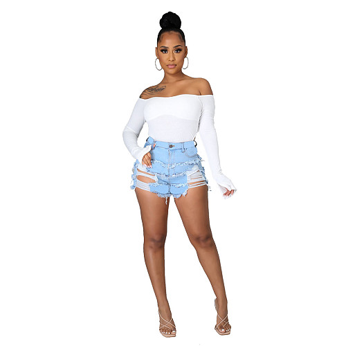 Summer Sexy Patchwork Women Ripped High Waist Holes Stretch Streetwear Plus Size Denim Shorts HSF-2540