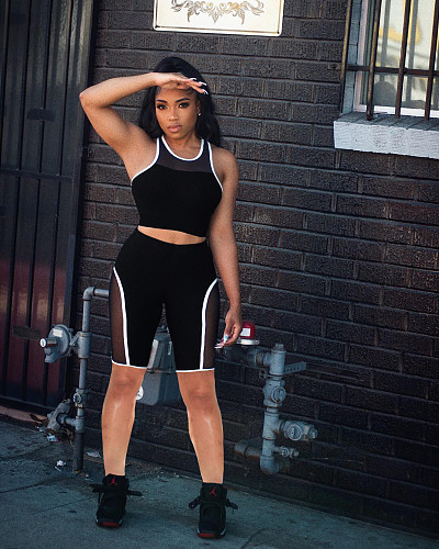 Sexy Sheer Mesh Patchwork Sleeveless Vest Crop Top Biker Shorts Summer Casual Active Two Piece Set MEI-9190