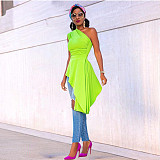 Fashion Solid Color One Shoulder Skew Neck Sleeveless Sexy Night Party Irregular Ruffles Bodycon Top XMY-9296