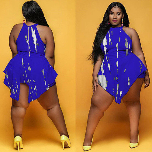 Plus Size Tie Dye Printed Women Sleeveless O Neck Irregular Beach Clubwear Summer One Piece Romper XING-066