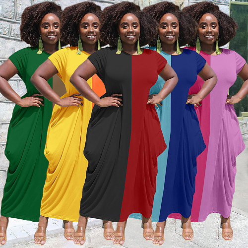 Women 2021 Summer Casual Short Sleeve O Neck Irregular Patchwork Loose Fitting Maxi Long Dresses AL-260