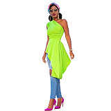 Fashion Solid Color One Shoulder Skew Neck Sleeveless Sexy Night Party Irregular Ruffles Bodycon Top XMY-9296