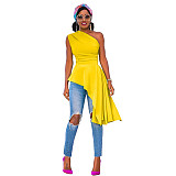 Fashion Solid Color One Shoulder Skew Neck Sleeveless Sexy Night Party Irregular Ruffles Bodycon Top XMY-9296