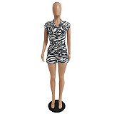 2021 Summer Printed Single-Breasted Sashes Women Turn-down Collar Short Sleeve Skinny Short Rompers DY-6663