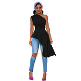 Fashion Solid Color One Shoulder Skew Neck Sleeveless Sexy Night Party Irregular Ruffles Bodycon Top XMY-9296