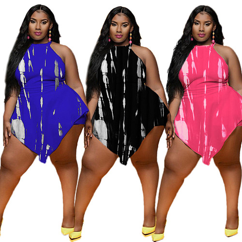 Plus Size Tie Dye Printed Women Sleeveless O Neck Irregular Beach Clubwear Summer One Piece Romper XING-066