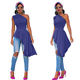 Fashion Solid Color One Shoulder Skew Neck Sleeveless Sexy Night Party Irregular Ruffles Bodycon Top XMY-9296