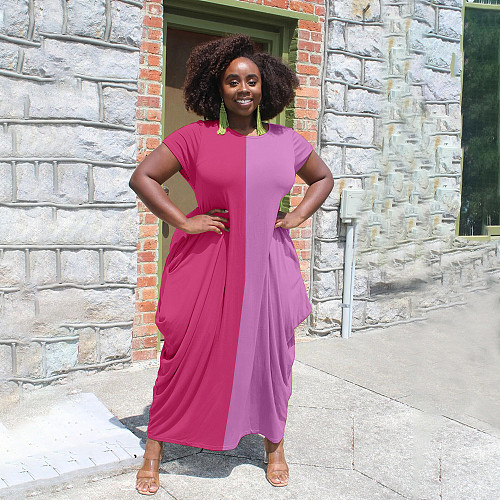 Women 2021 Summer Casual Short Sleeve O Neck Irregular Patchwork Loose Fitting Maxi Long Dresses AL-260
