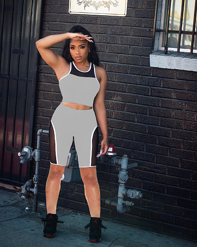 Sexy Sheer Mesh Patchwork Sleeveless Vest Crop Top Biker Shorts Summer Casual Active Two Piece Set MEI-9190