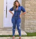 Women Clothing Summer Casual High Waist Puff Sleeve Button Ripped Skinny Pencil Denim Jumpsuits LX-6882