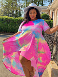 Plus Size Fashion Tie Dye Print Women Clothing Short Sleeve Irregular Loose Long Top Biker Shorts 2 Piece Set NY-8951