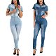 Plus Size Fashion Women Summer Clothing Short Sleeve High Waist Skinny Pencil Denim Jumpsuit LX-6056